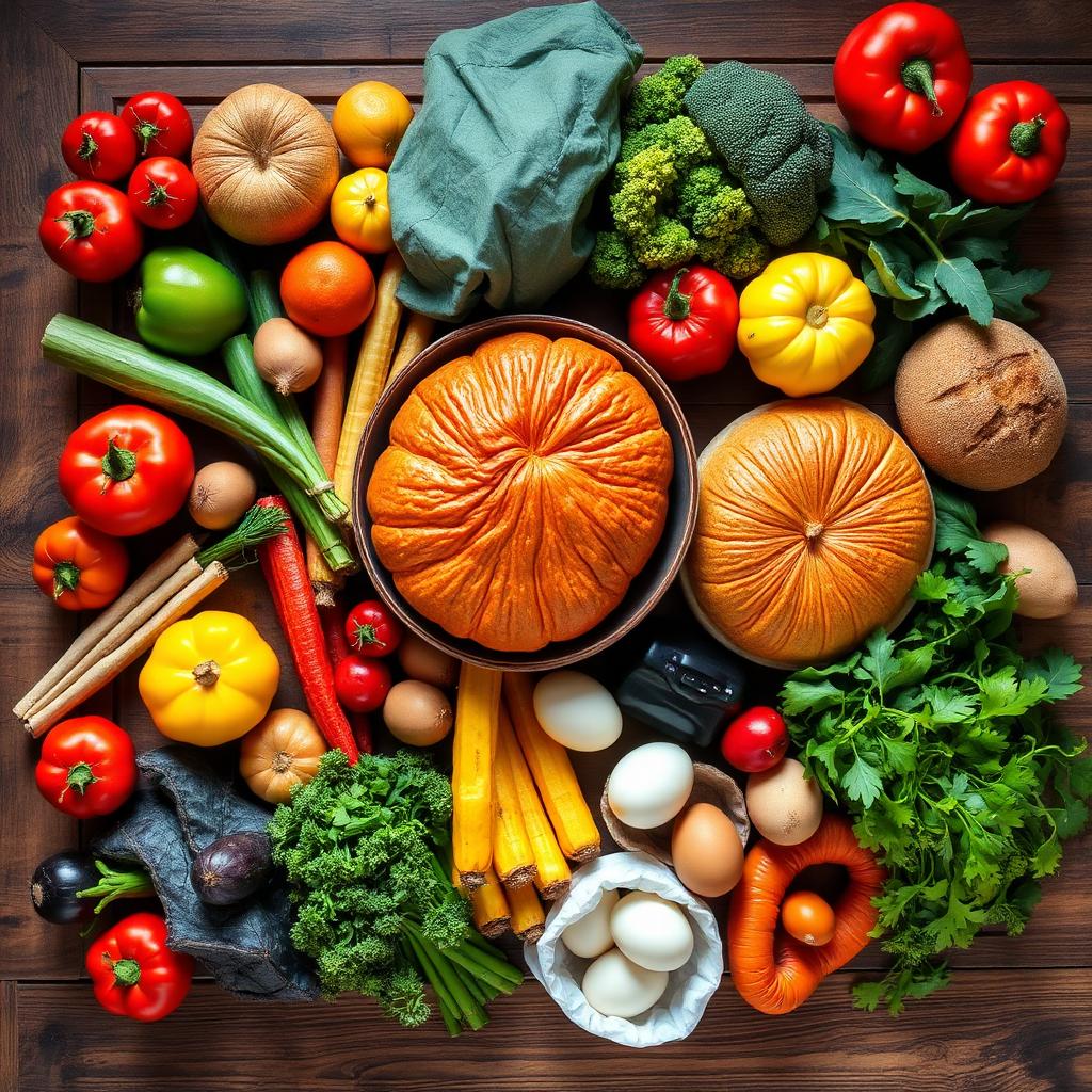 Fresh groceries arranged on a wooden table