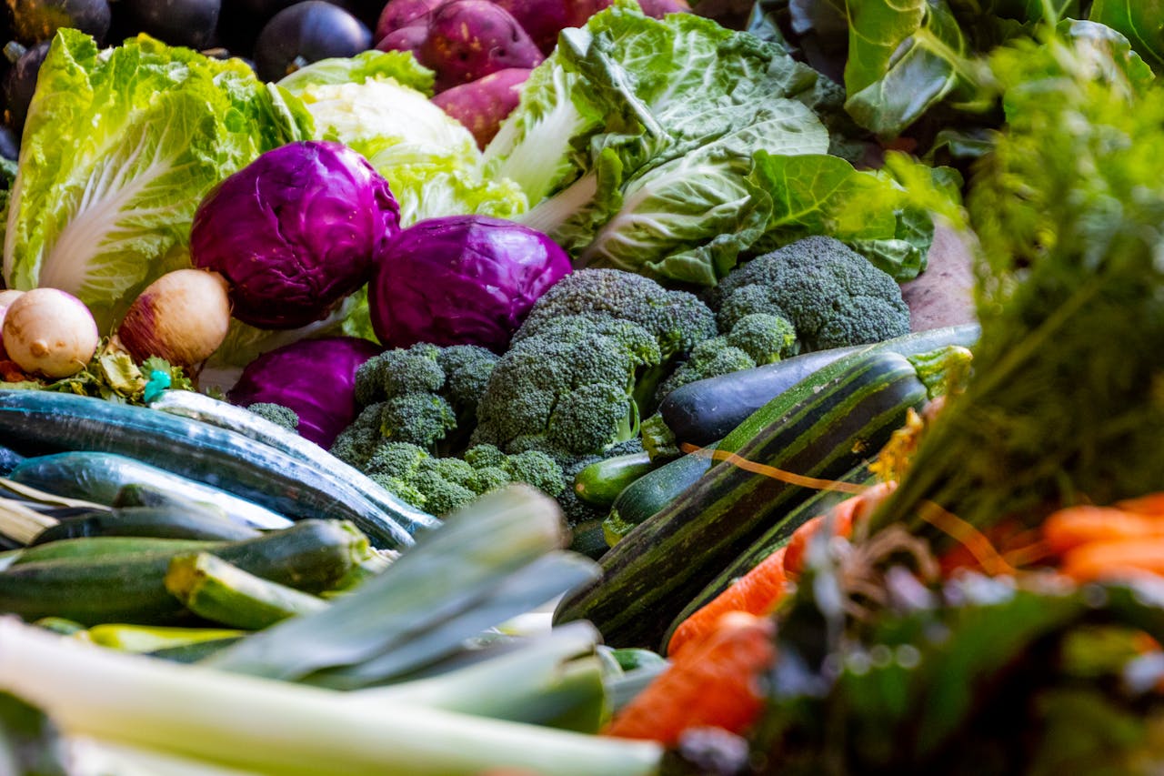 Fresh groceries arranged on a wooden table